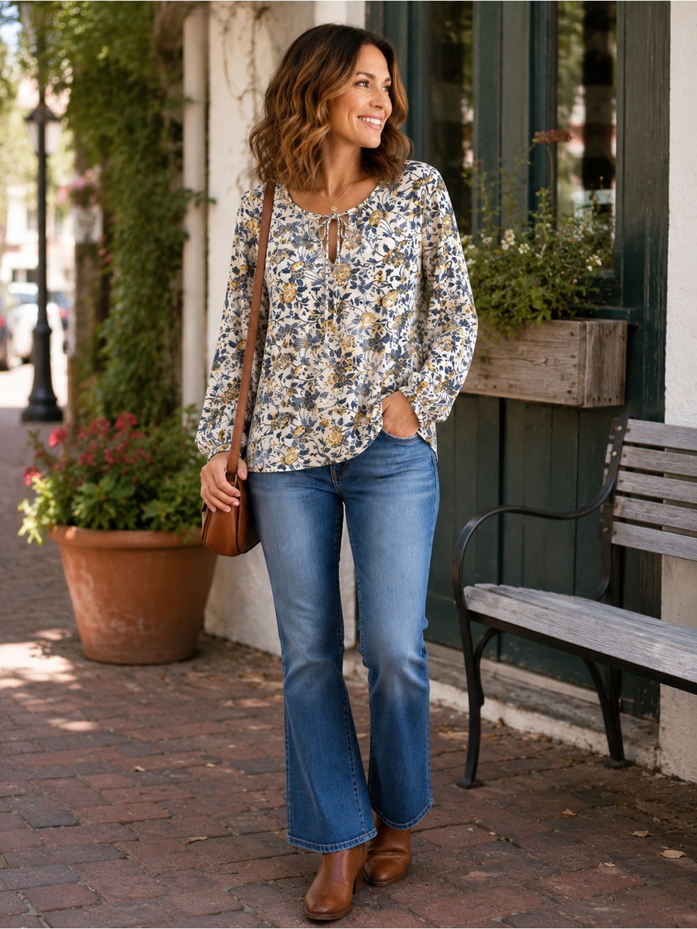 Lucky Brand Women’s Large Floral Boho Peasant Top Long Sleeve Tie Neck